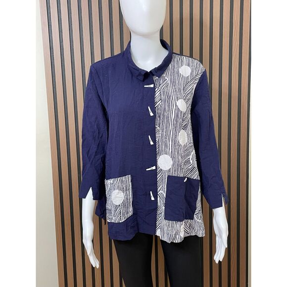 Ali Miles Women's PL Blue Button-Up Rayon Tunic Shirt Crinkled Abstract Artsy - Picture 1 of 10